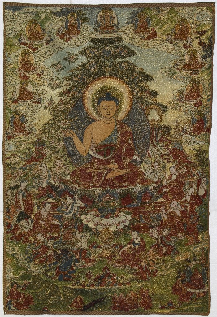 Chinese Textile Thangka: China, textile Thangka, central seated Buddhist figure surrounded by attendants, elaborate use of gold thread throughout. Length 35 in., Width 23 in.