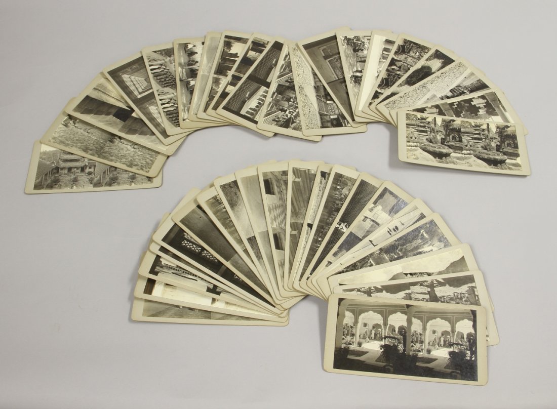Forty Stereo View Cards of Asian Scenes: Forty stereo view cards of Asian scenes, all in black and white or sepia tones, many described on verso paper. Height 3 1/2 in., Width 7 in.