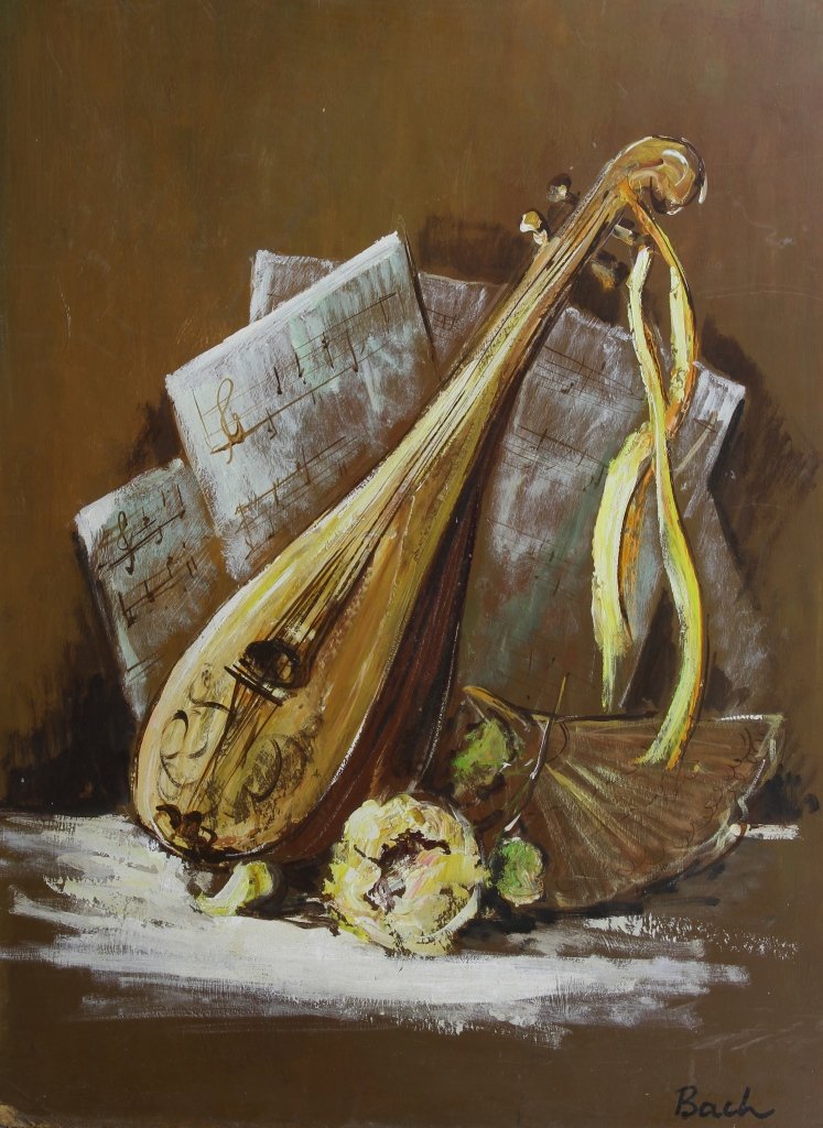 American Oil Painting of Lute, Signed Bach: America, oil still life painting on board, abstractly painted, of a standing lute with sheet music, flowers and ribbons, against a dark background, signed Bach.