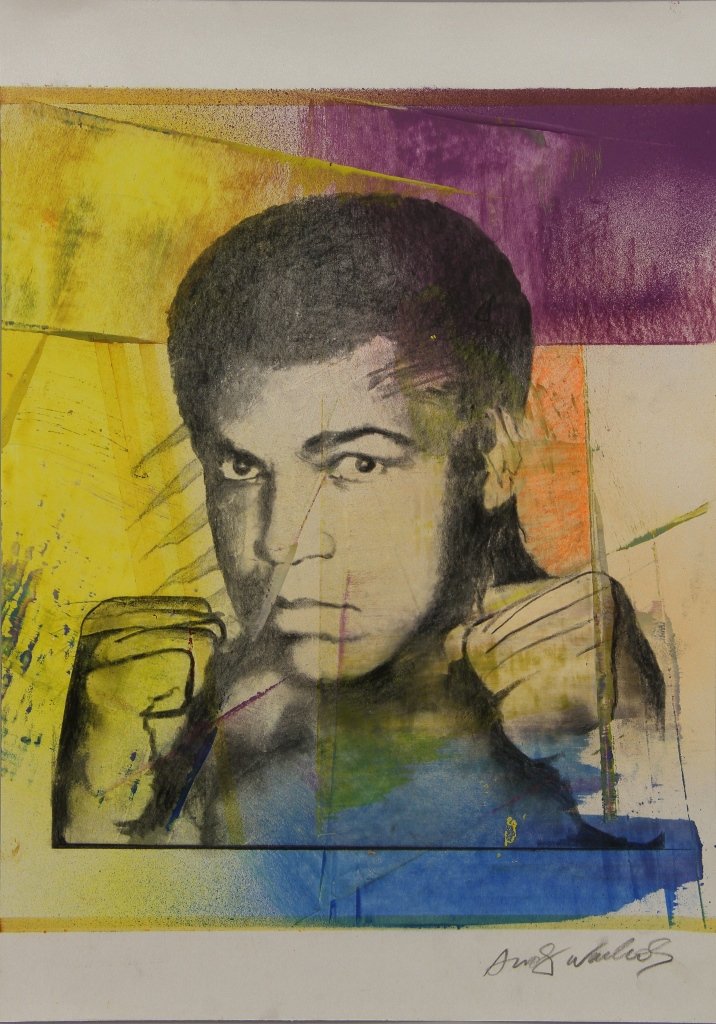 Mohamed Ali Silkscreen: Mohammad Ali silkscreen with embellishment, image of the boxer with both hands raised in fists, his face and hands in black and white, with bright expanses of blues, purples, yellows and oranges in th