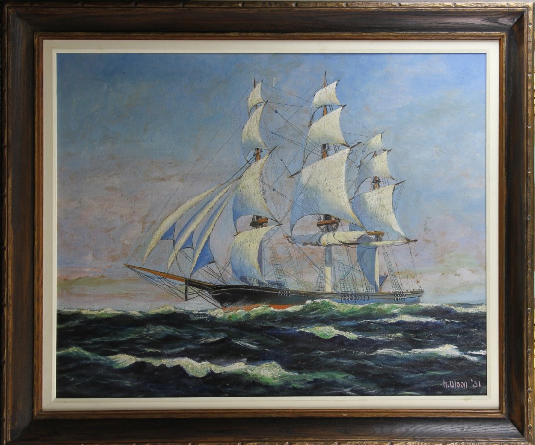 Framed Oil on Board, Signed H. Olson: Antique oil on board of a clipper ship with detailed sails and rigging, and the ocean with white foamy rolling waves signed H. Olson, and dated '31. Frame: Height: 25 1/2 in., Width: 32 in. Painting: