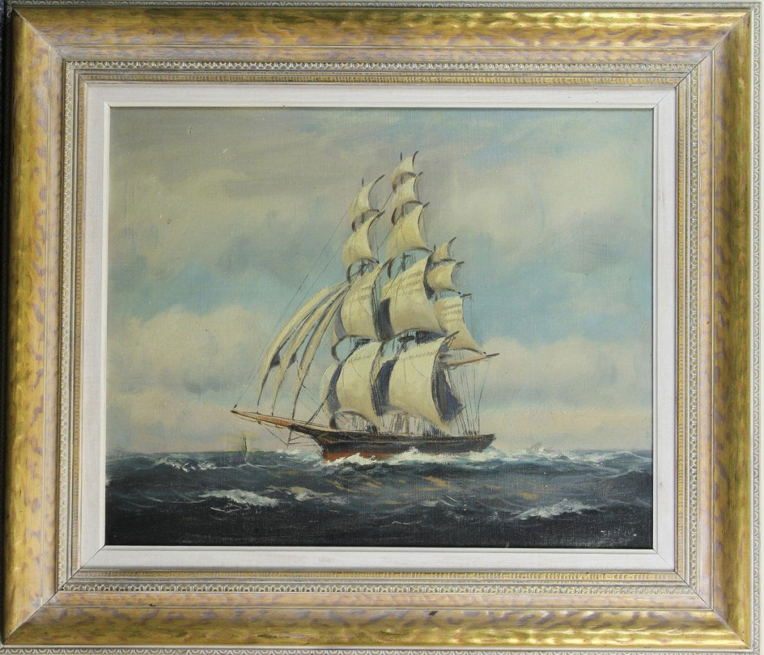 Framed Oil on Canvas of a Clipper, Signed T. Baily: Antique framed oil on canvas of a clipper ship, with detailed sails and rigging, and white rolling ocean waves, signed T. Baily. Width 20 in., Length 15 in.Provenance: From the estate of Nick Sampson,