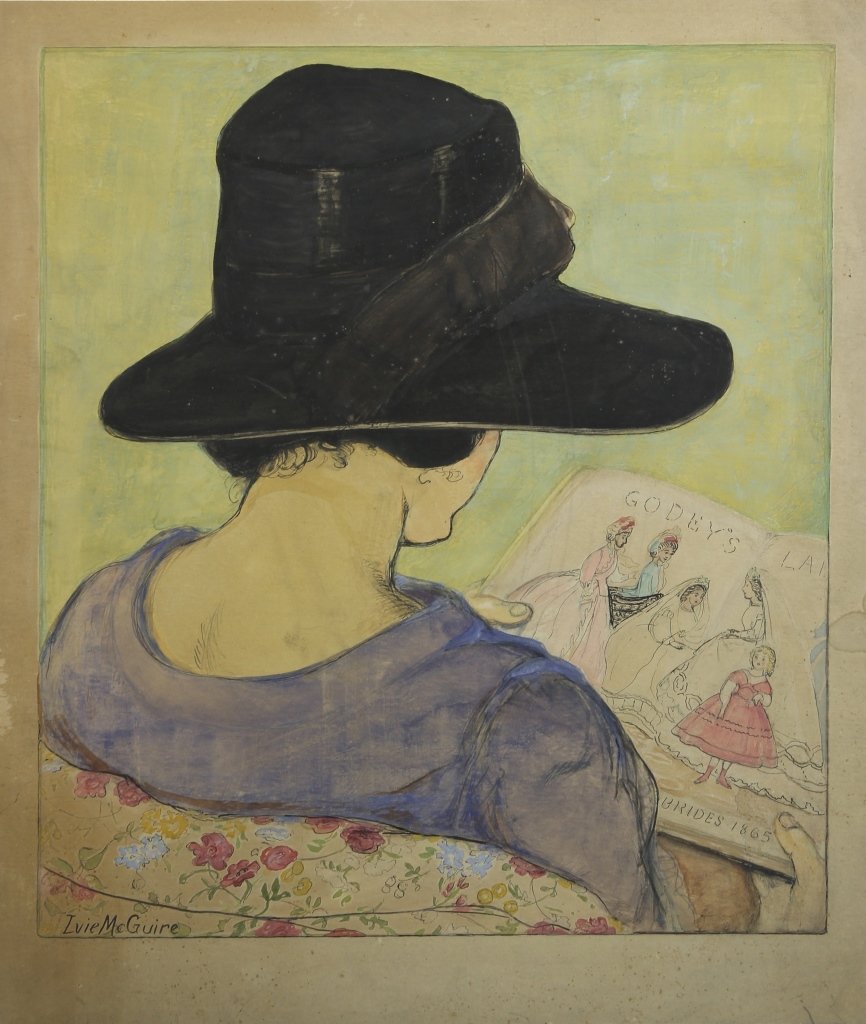 Ivie McGuire Illustration Art: Ivie McGuire Illustration Art, image of a young woman seated with her back to the audience, she wears a bright purple dress and bold black hat, on a floral pattern couch reading a magazine, signed. He