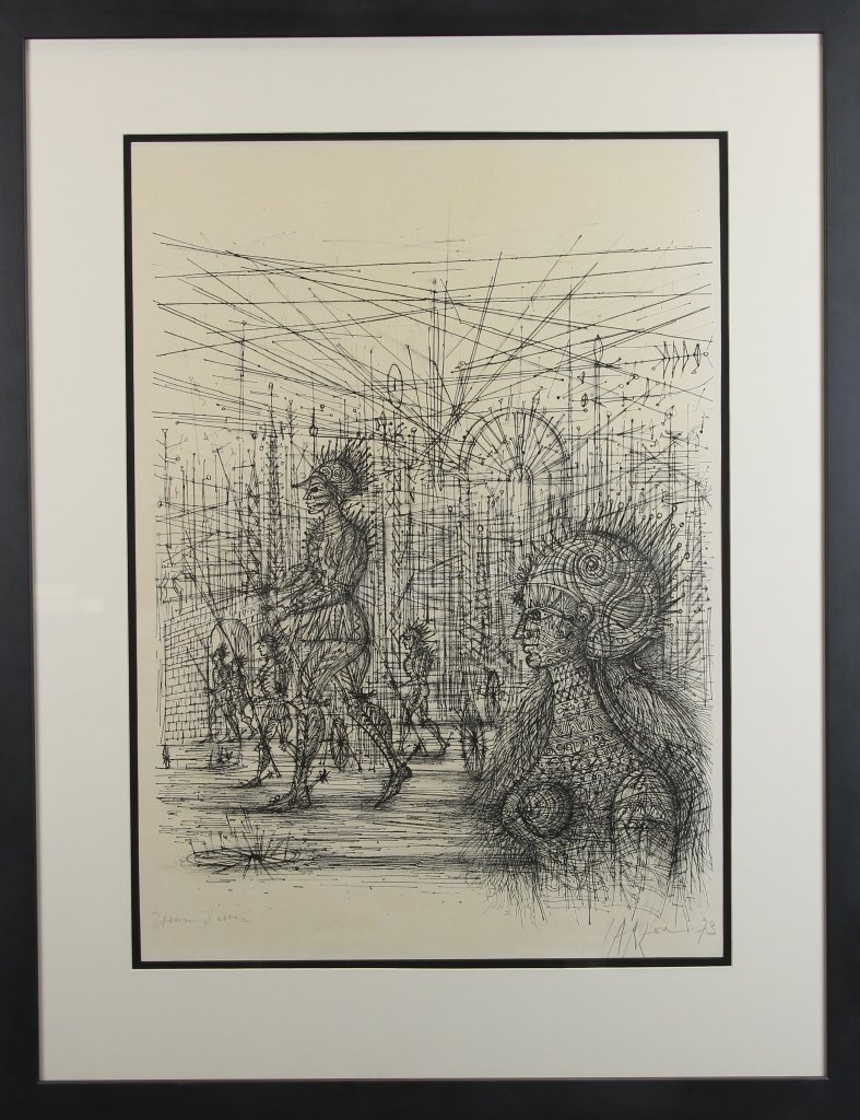 Jean Carzou (French 1907-2000) Untitled: Jean Carzou (French 1907-2000) Untitled, 1973, lithograph, artist proof, signed and dated, image size 37 x 28 in. Depicts figures dressed in armor, this lithograph reflects the artist's characteristic