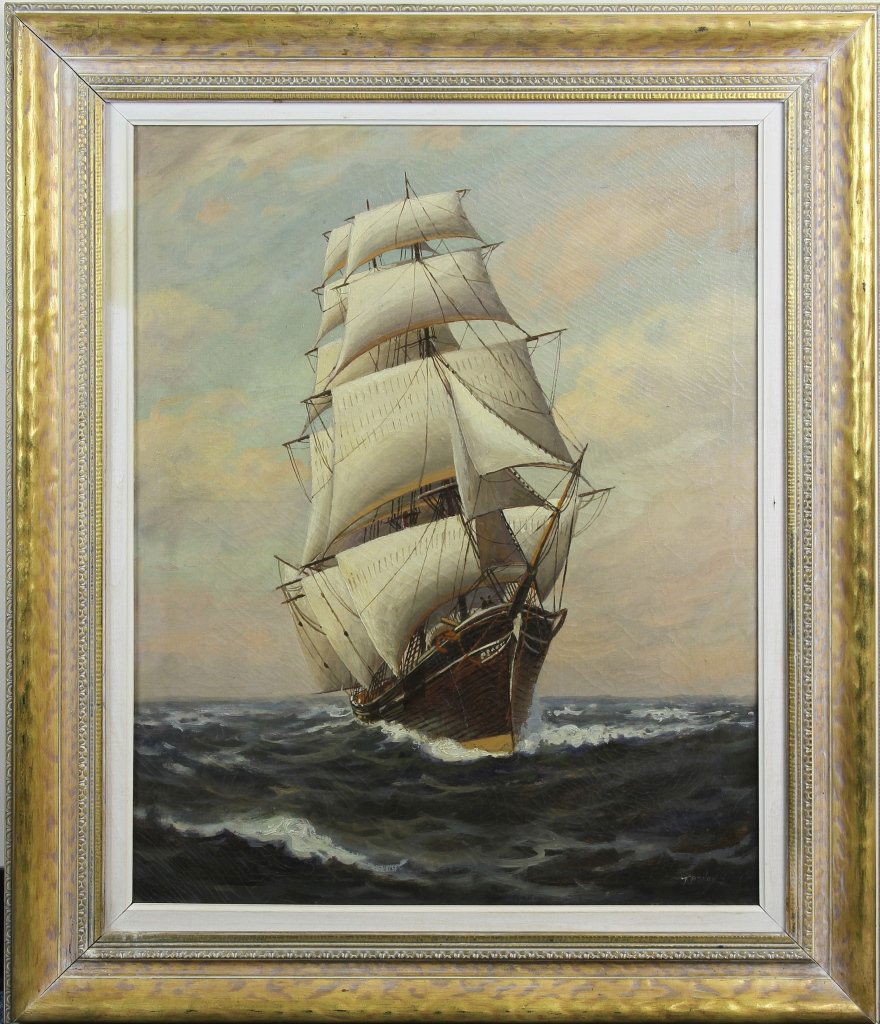 Oil on Canvas of a Clipper Ship, Signed T. Baily: Antique, oil on canvas showing a clipper ship in full sail motion, signed T. Baily. Provenance: From the estate of Nick Sampson, Uxbridge, MA. Width 24 in., Length 18 in.
