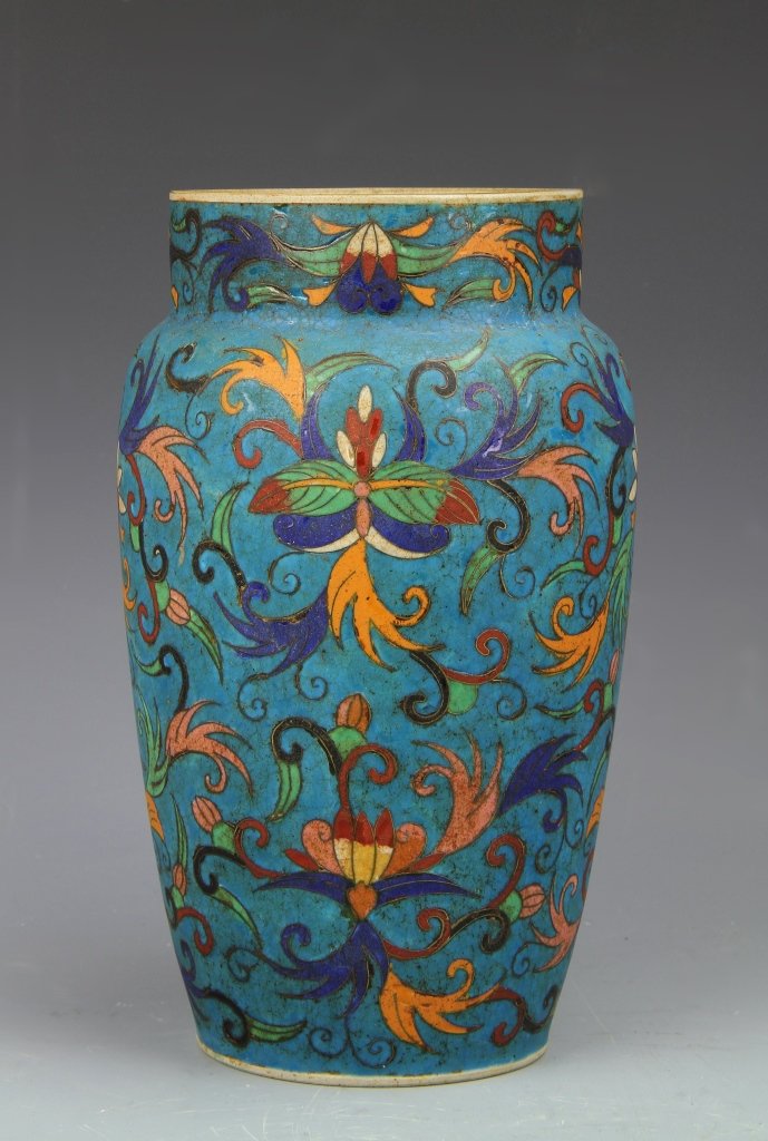 Japanese Famille Rose Vase: Japan, 19th C., Famille Rose vase, with high shoulder and narrow neck, bright blue ground, with brightly painted foliage scenes. Height 9 1/4 in. Provenance: From the private collection of Mrs. Pearl 
