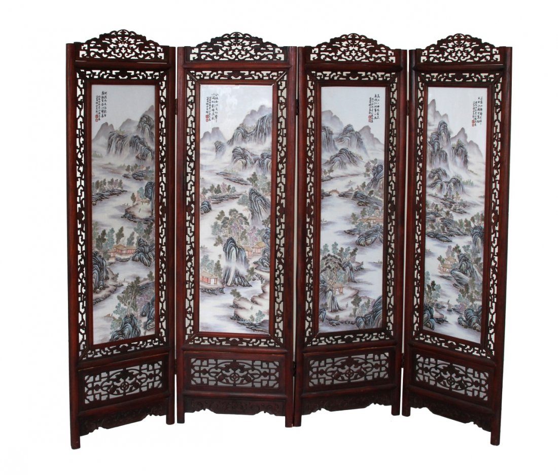 Chinese Screen: China, screen, with four colorful landscape motifs, with Chinese characters, and decorative cut outs in the wood. Width 80 in., Height 70 in.