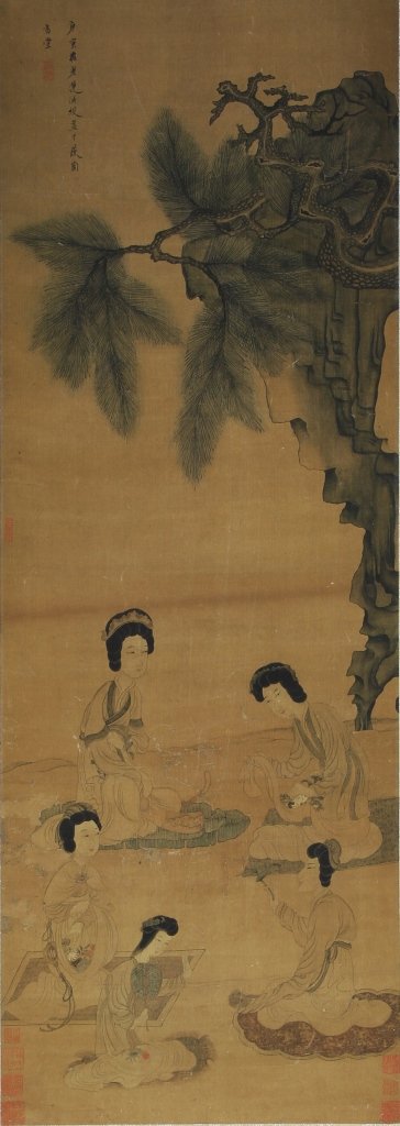 Chinese Scroll Painting: China, scroll painting, water color on silk, depicting group of ladies in a garden, with blooming tree in the background, signed Chen Hongshou. Length 30 in., Width 12 1/2 in.