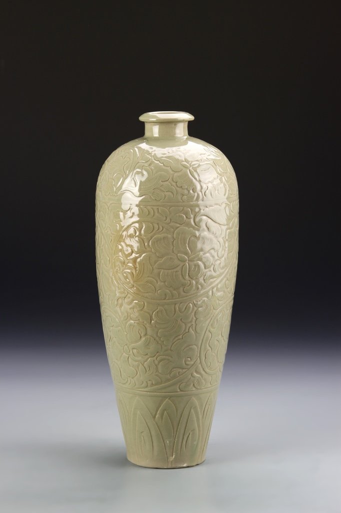 Chinese Antique Meiping Vase: China, antique Yue Yao ware Meiping vase, high shoulder, tapering to a narrow flat base, incised foliage design, light green glazed. Height 10 3/4 in.