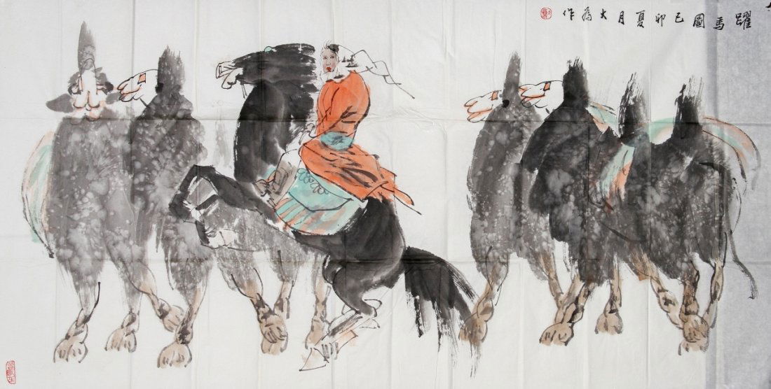 Chinese Scroll Painting of Woman on Horse: China, scroll painting of a brightly garbed woman on a rearing horse, with a small herd of camels, signed Liu Dawei. Length 53 in., Width 27 in.