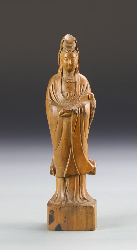 Chinese Carved Boxwood Guanyin Statue: China, ROC Period, carved Guanyin statue, in standing position, with deeply carved details, and natural wood grain showing. Height 8 in.