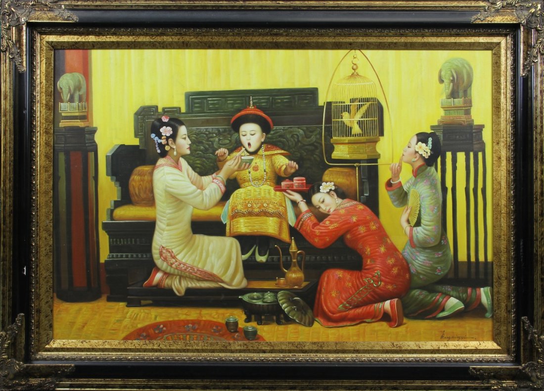 Chinese Oil on Canvas: China, oil on canvas, depicting the last Emperor of China, Puyi, as a child, painted in a realist style, sitting on an elaborate throne with three female attendants around him, a caged canary and jade