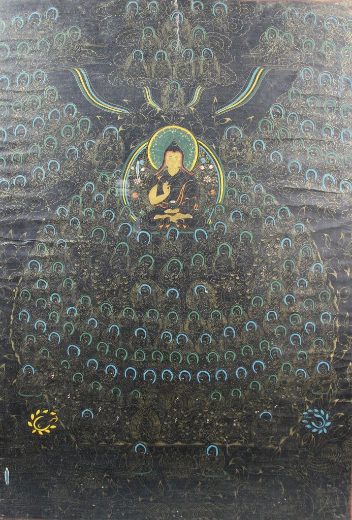Tibetan Gilt Painted Thangka: Tibet, gilt panted Thangka, with black ground, a center figure Tsongkapa seated in dhyanasana, with the right hand in vitarkamudra and left hand holding a bowl, dressed in flowing robes and wearing a
