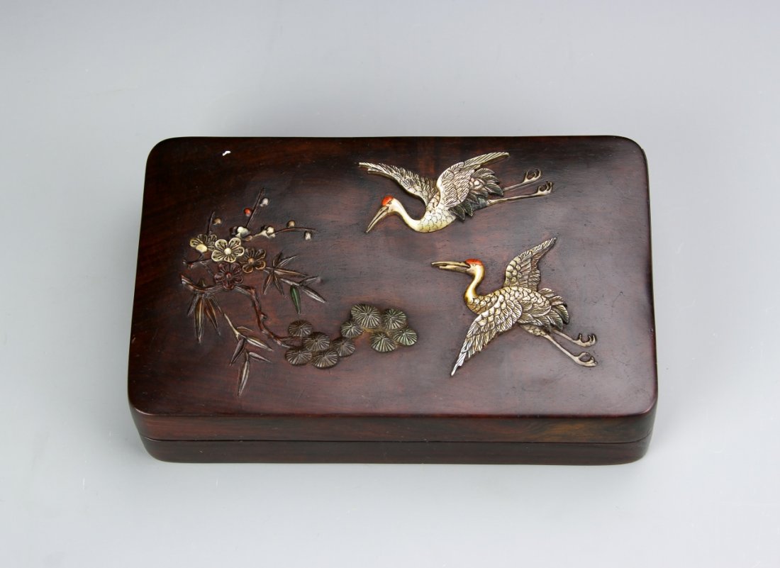 Chinese Zitan Ink Box: China, 19th C., Zitan ink box, in rectangular form, with inlays, bird and flower motifs, and natural wood grain showing. Length 6 3/4 in., Width 4 1/8 in., Height 1 5/8 in.