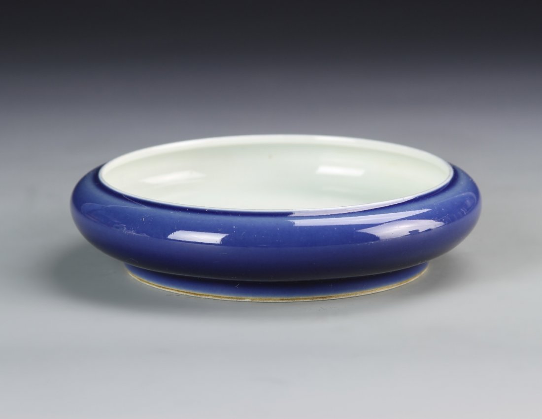 Chinese Blue and White Brush Washer: China, ROC Period, blue and white brush washer, with a deep blue glaze on the exterior and white glazed interior, mark on base. Width 5 1/2 in., Height 1 1/4 in.