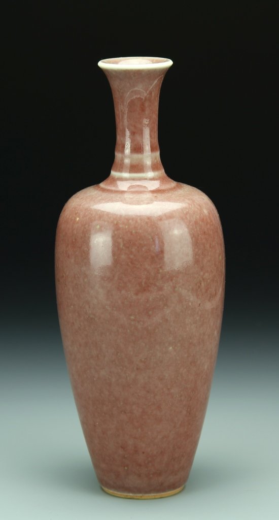 Chinese Peach Bloom Vase: China, peach bloom vase, flared rim, long neck, slender body, glazed dappled brown, red and grey blended colors, six character mark on base. Height 7 1/2 in.