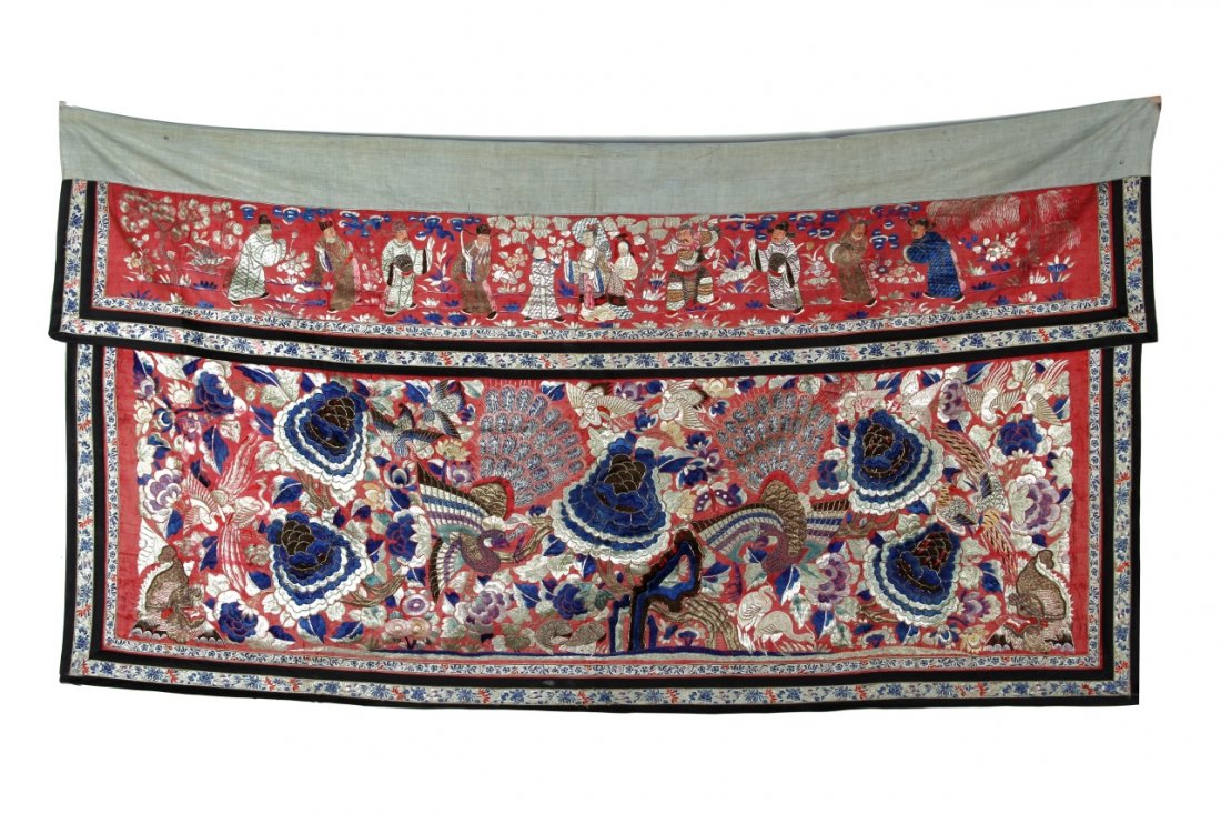 Chinese Silk Embroidery Panel: China, 19th C., silk embroidery panel, with central image of peacocks surrounded by densely patterned floral motifs on a red ground. Height 46 in., Length 73 in.