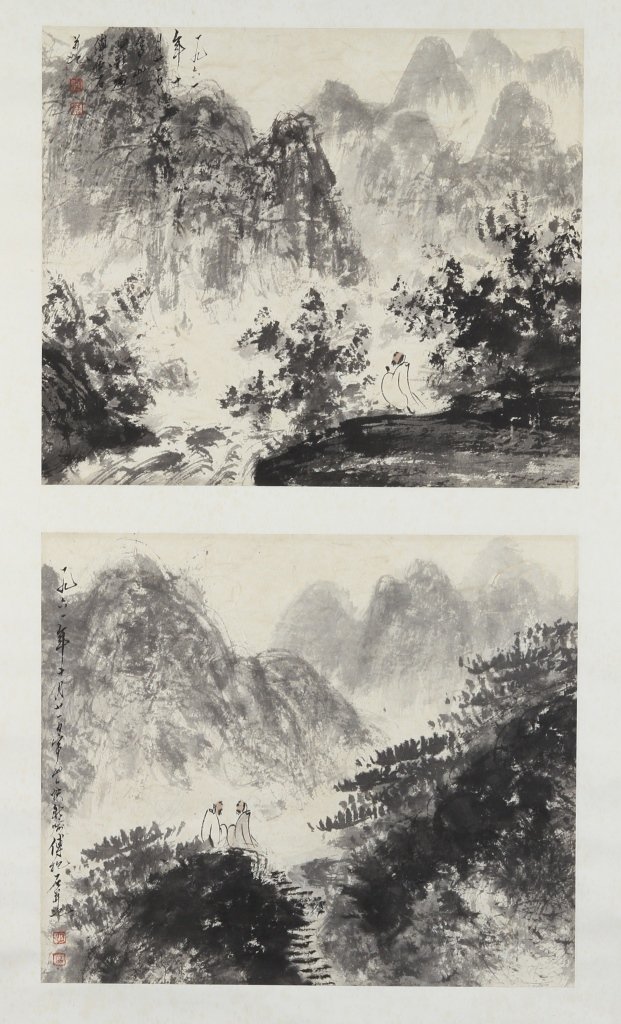 Chinese Scroll Painting of Landscape: China, scroll painting of a landscape, with two panels featuring different landscapes and several small figures within, signed Fu Bao Shi. Length 24 in., Width 13 1/2 in.