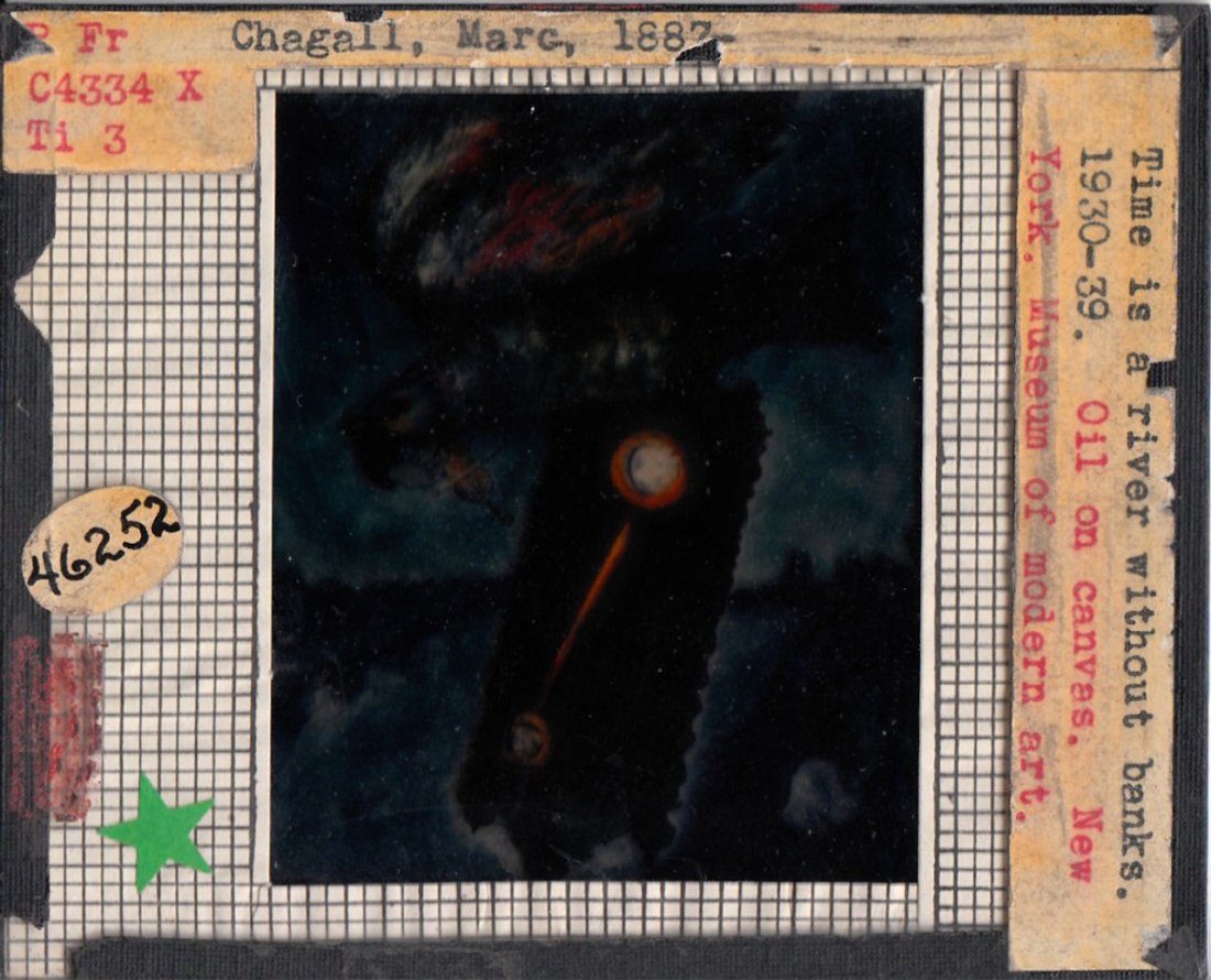 Magic Lantern Glass Slide "Time is A River": Magic Lantern Glass Slide, "Time is A River Without A Bank," attributed to Marc Chagall. Dimensions 3 1/4 in., 4 in.