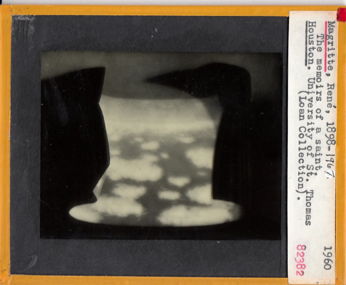 Magic Lantern Glass Slide "Memoirs of A Saint": Magic Lantern Glass Slide Photo of "Memoirs of A Saint," attributed to Rene Magritte. Dimensions 3 1/4 in., 4 in.