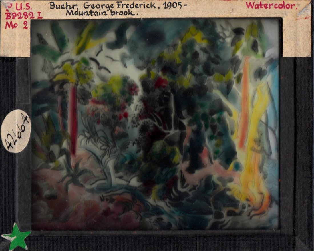 Magic Lantern Glass Slide of "Mountain Brook": Magic Lantern Glass Slide Photo of "Mountain Brook," attributed to George Frederick Buehr. Dimensions 3 /14 in. 4 in.