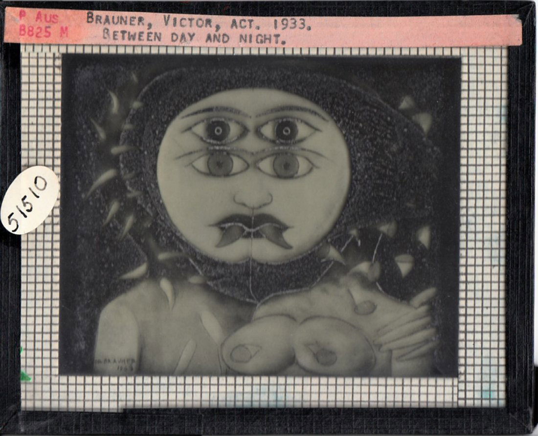 Magic Lantern Glass Slide "Between Day and Night": Magic Lantern Glass Slide Photo of "Between Day and Night," attributed to Victor Brauner. Dimensions 3 1/4 in., 4 in.