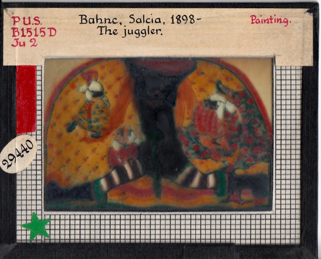 Magic Lantern Glass Slide Photo "The Juggler": Magic Lantern Glass Slide Photo of "The Juggler," attributed to Salcia Bahnc. Dimensions 3 1/4 in., 4 in.