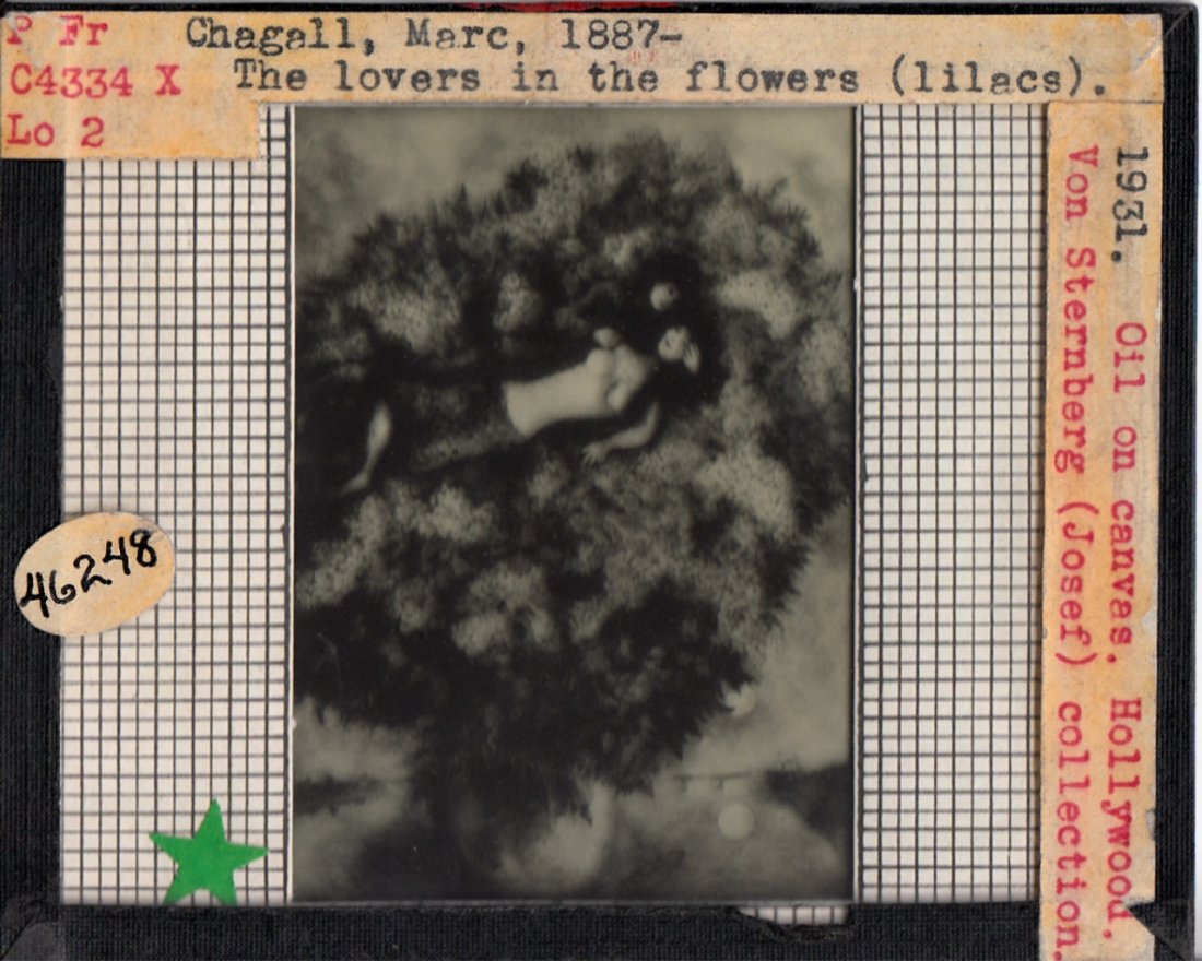 Magic Lantern Glass Slide "Lovers in the Lilacs": Magic Lantern Glass Slide Photo of "The Lovers in the Lilacs," attributed to Marc Chagall. Dimensions 3 1/4 in., 4 in.
