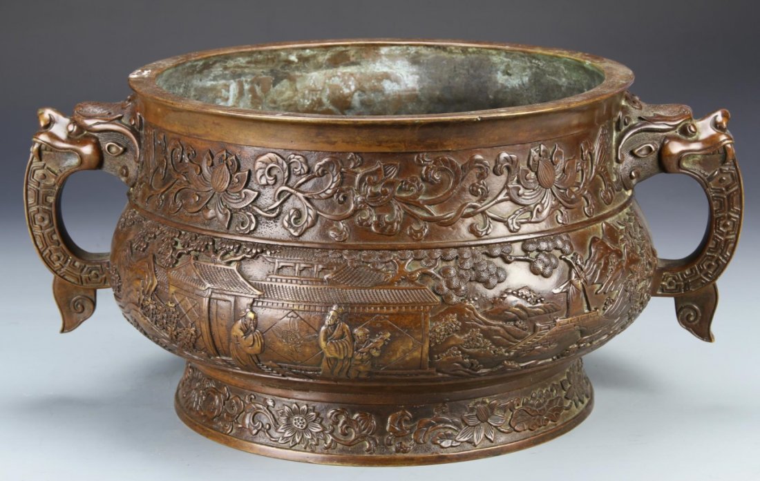 Chinese Bronze Censer: China, 18th-19th C., large and magnificent bronze censor, loop handles with dragon heads, body decorated in relief with scholars in courtyard scene and two floral bands, six Chinese character mark on 