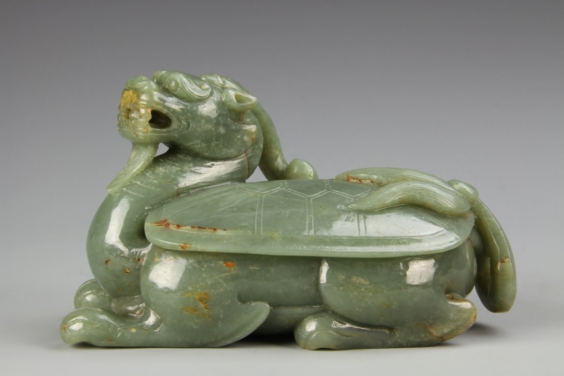 Chinese Antique Jade Dragon Turtle: China, antique jade dragon turtle, in a reclining position, with a long neck, and dragon face, with a large shell on the back. Height 4 1/2 in., Width 7 in.