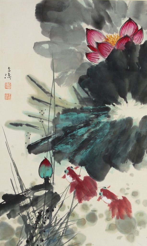 Chinese Scroll Painting of Lotus Flowers: China, scroll painting of lotus flowers, depicting several magenta hued lotus flowers amongst a grouping of leaves painted in varying shades of green, signed Wang Xuetao. Width 15 3/4 in., Length 26 i