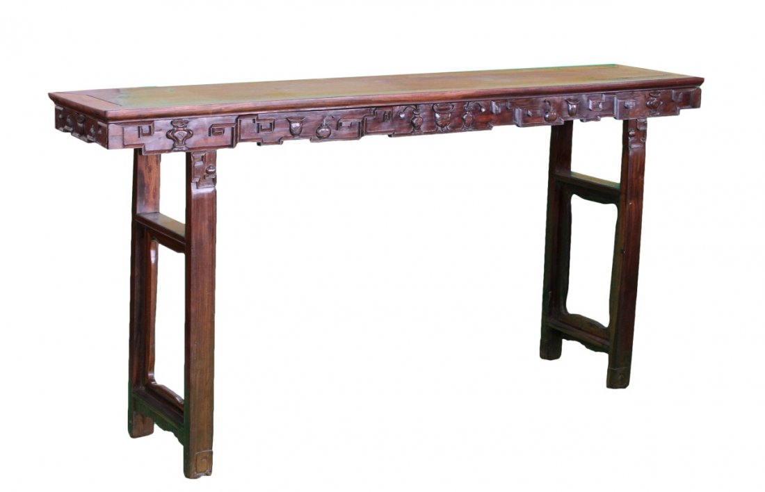 Chinese Hongmu Altar Table: China, Hongmu altar table, with recessed legs, a wide incised-board top, with carved apron featuring linear details, and vase motifs. Height 40 in., Length 77 1/2 in., Width 16 in.