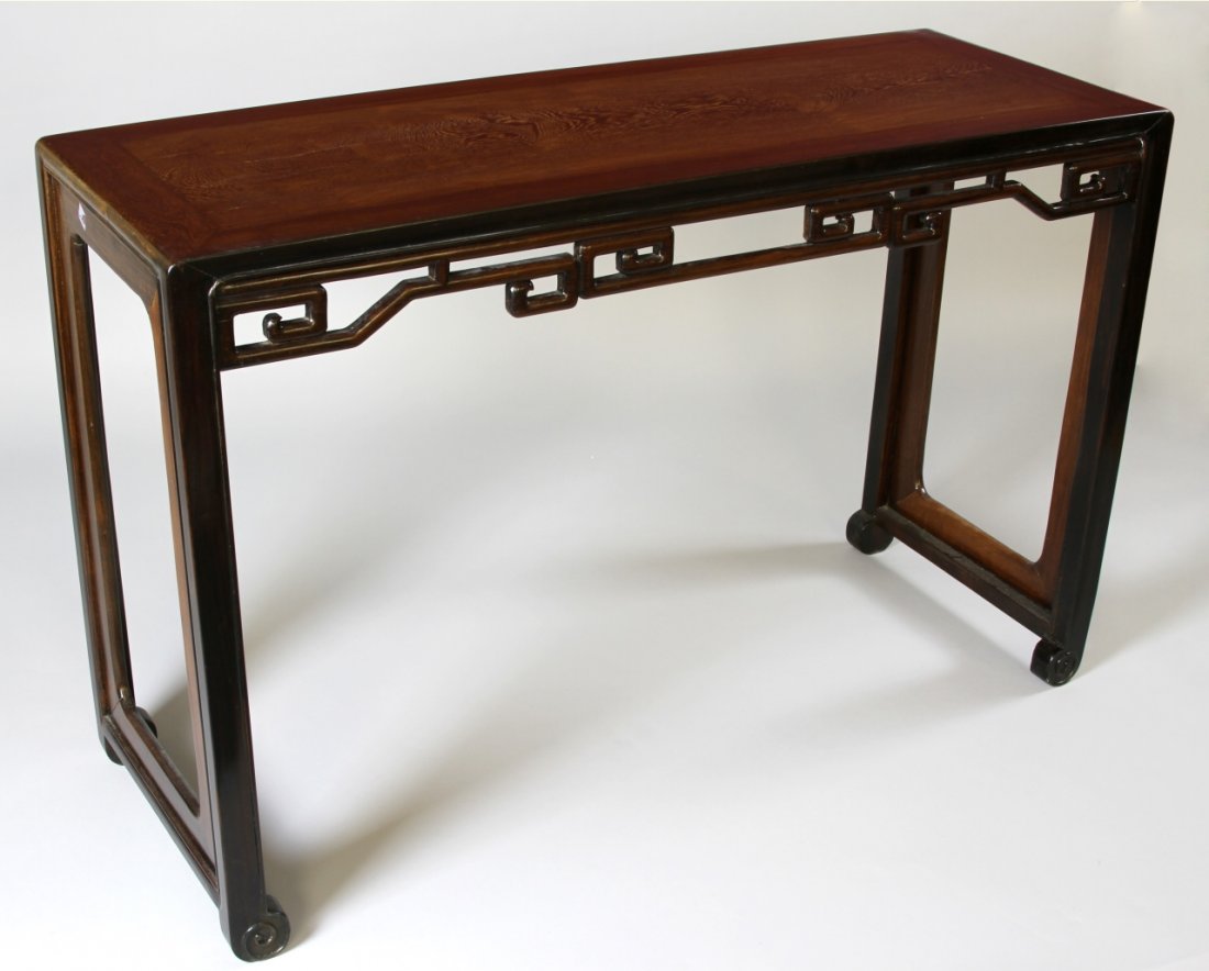 Chinese Huanghuali and Burl Altar Table: China, 19th C., Huanghuali altar table, in Ming style, Huanghuali frames with burl wood top, natural dark color with smooth finish, wood grain pattern visible on top surface. Height 30 7/8 in., Width 