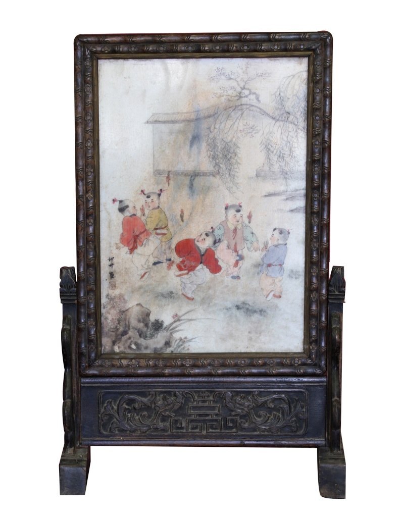 Chinese Hardwood Table Screen: China, 19th C., hardwood table screen, with marble painting of children at play outdoors, and carved wood frame. Height 29 1/8 in., Length 19 in.