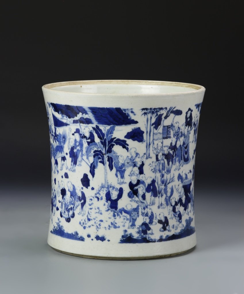 Chinese Blue and White Brush Pot: China, Late Ming and Early Qing Dynasty. Illustrated with 100 kids from Chinese mythology on a porcelain brush pot. Height 9 in., Width 9 1/8 in.