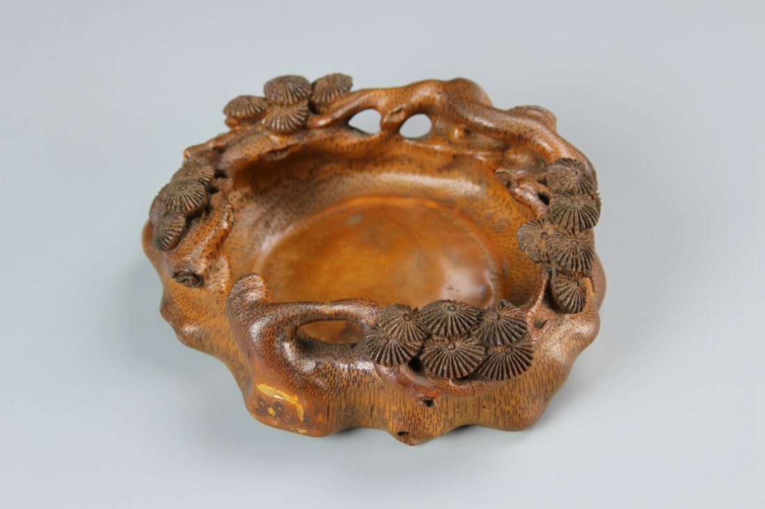 Chinese Bamboo Carved Brush Washer: China, bamboo carved brush washer, carved into a tree root formation with clusters of ruyi mushrooms on the sides, smooth interior finish and grain detail throughout. Diameter 4 3/4 in., Height 1 1/2 