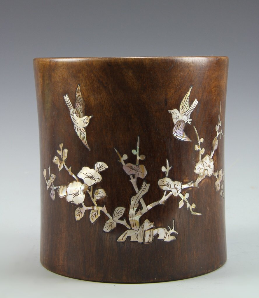 Chinese Hardwood Brush Pot: China, hardwood brush pot, with mother of pearl inlays of birds and flowering branches on one side, and calligraphy characters on the other. Height 7 in., Diameter 6 3/4 in.