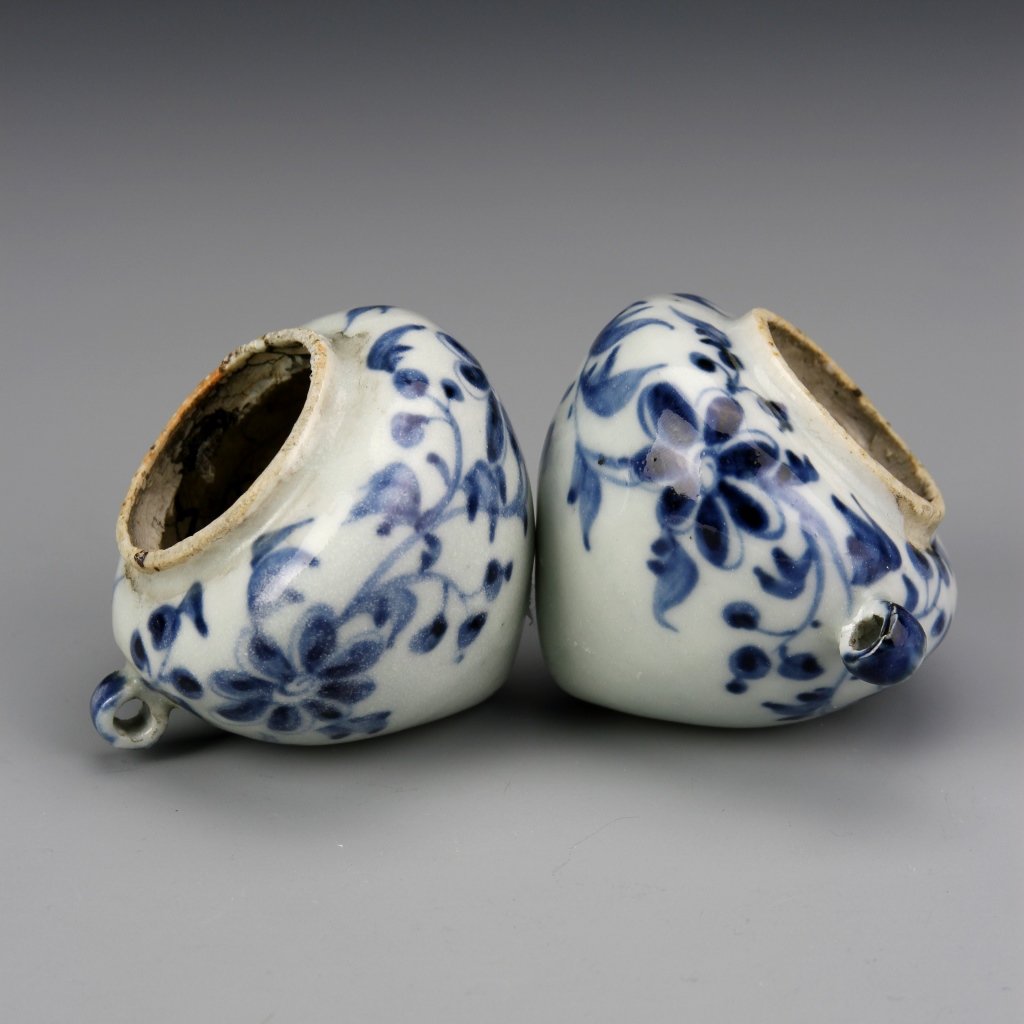 Pair of Chinese Blue and White Bird Feeders (1 of 1)