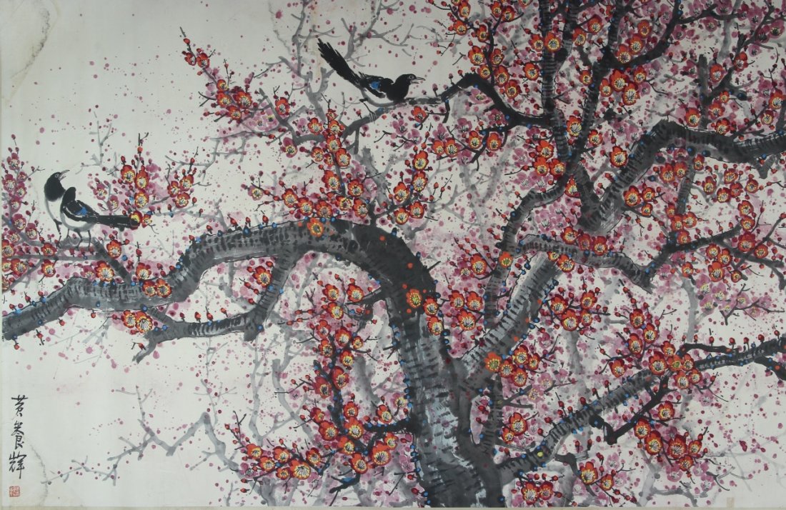 Chinese Painting of Plum Flowers: China, painting of plum flowers, depicting a tree with richly painted flowers in tones of red and orange throughout the composition, interspersed with birds, signed Huang Yan Hu. Width 70 in., Length
