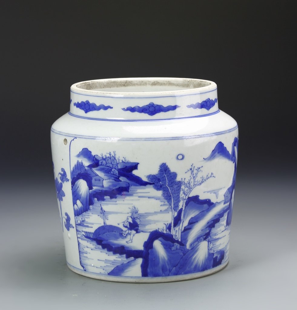 Chinese Blue and White Jar: China, Rongxi period, blue and white export jar, cylindrical body with a short neck, white ground covered with a scene of a man sitting in a natural landscape, and the neck decorated with auspicious s