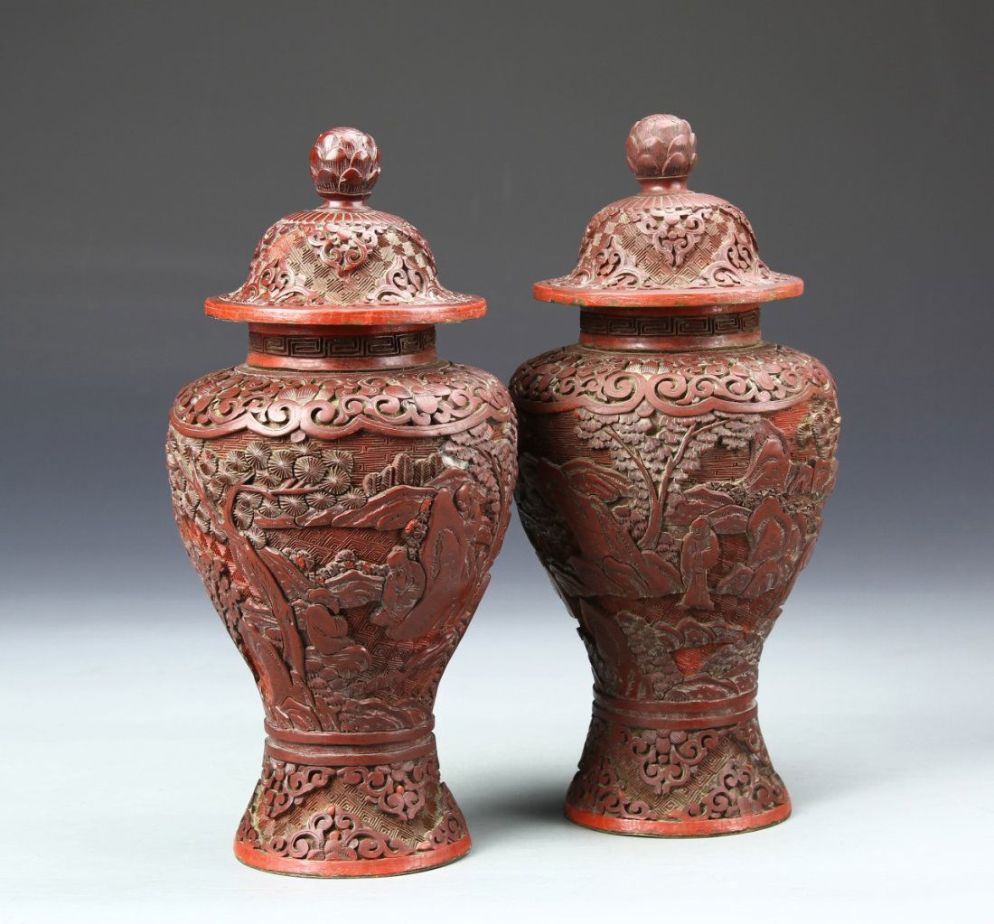 Pair of Chinese Cinnabar Vases (1 of 5)
