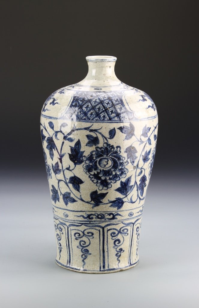 Chinese Antique Blue and White Meiping Vase: China, antique blue and white Meiping vase with wide rounded shoulders and a narrow neck, decorated with blue floral motifs. Height 12 3/4 in.