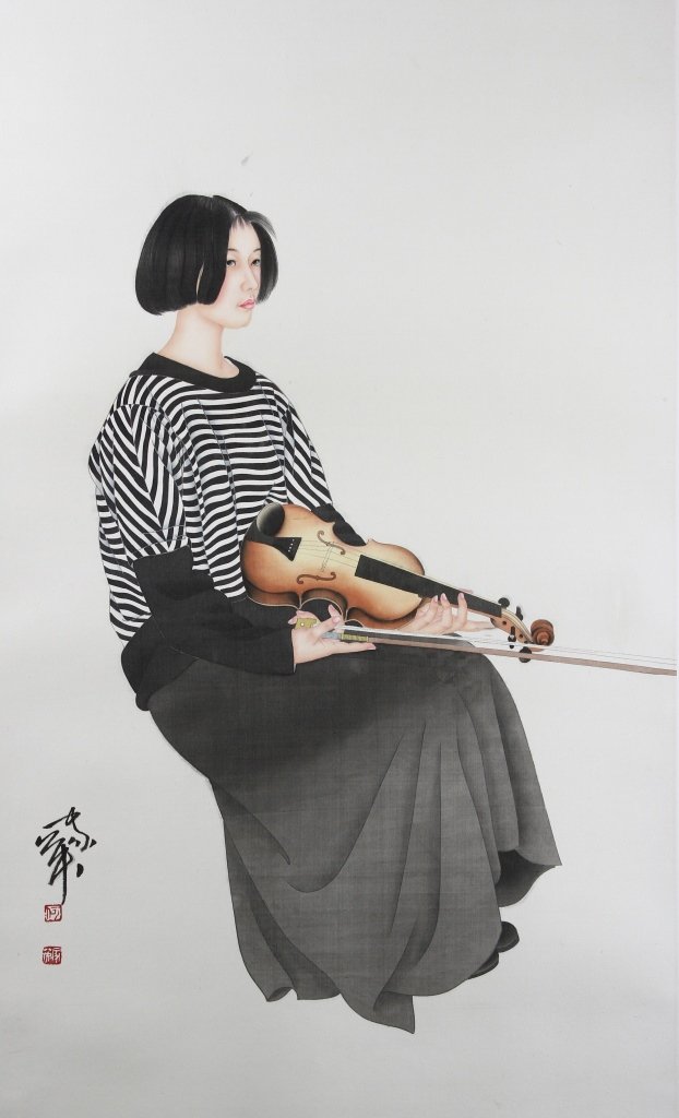 Chinese Painting of a Lady: China, painting of a Chinese lady, depicted in a seated pose, dressed in contemporary clothing, holding a violin, over a white background, signed He Jia Yin. Length 45 in., Width 27 in.