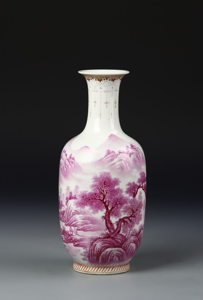 Chinese Famille Rose Vase: China, 19th C. Famille Rose vase, flared rim, round shoulders, cylindrical body, flat base, pink decoration with star burst design and water landscape with trees, mark on base. Height 10 in.