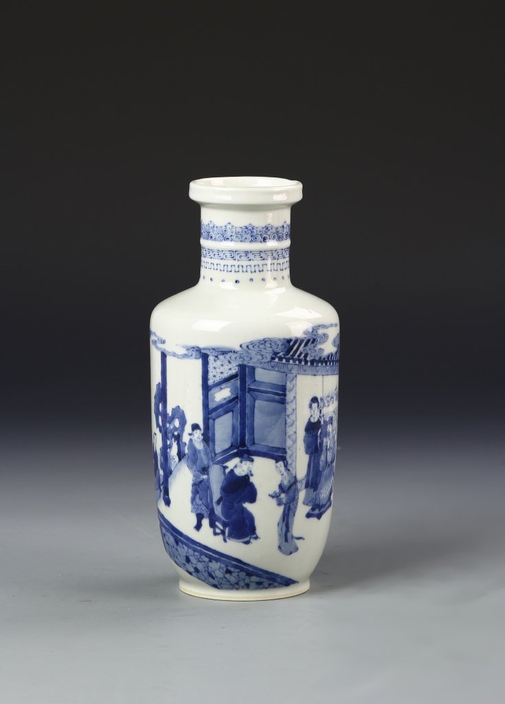 Chinese Blue and White Vase: China, 19th C., blue and white vase, painted scenes of robed people in a home with details in the large screens around the sides, Kangxi mark on base. Height 8 1/2 in.
