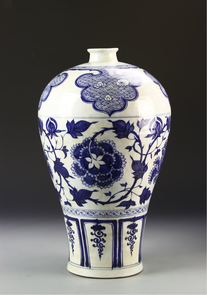 Chinese Blue and White Meiping Vase: China, antique, blue and white Meiping vase, small mouth with lipped rim, wide and rounded shoulders, tapering sides to flat base, blue floral borders and unglazed base. Height 16 in.