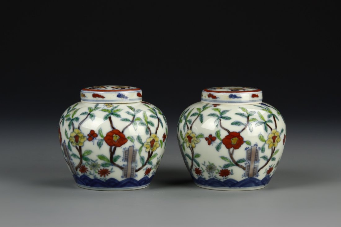 Pair Dou-T'sai Jars and Covers (1 of 9)