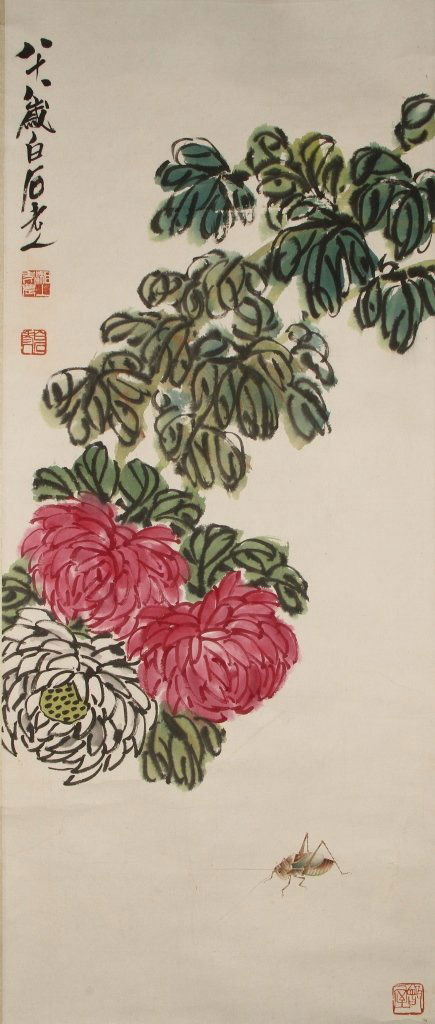 Chinese Scroll Painting of Flowers and Bugs (1 of 3)