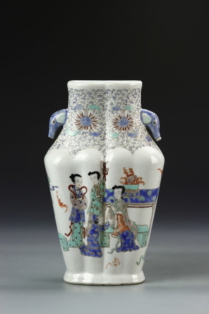Chinese Famille Rose Vase: China, ROC, Famille Rose vase, in a double bodied form, with white ground glaze, painted illustration of robed figures on body, handle in the form of an elephant head on either side, Jiaqin mark on ba