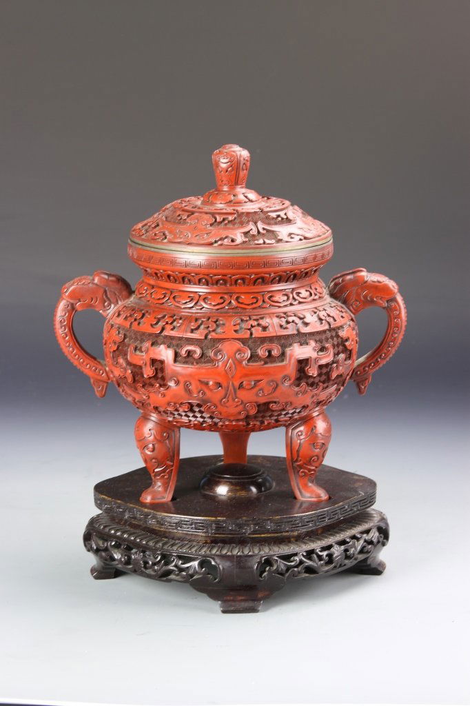 Chinese Cinnabar Tripod Censer (1 of 6)
